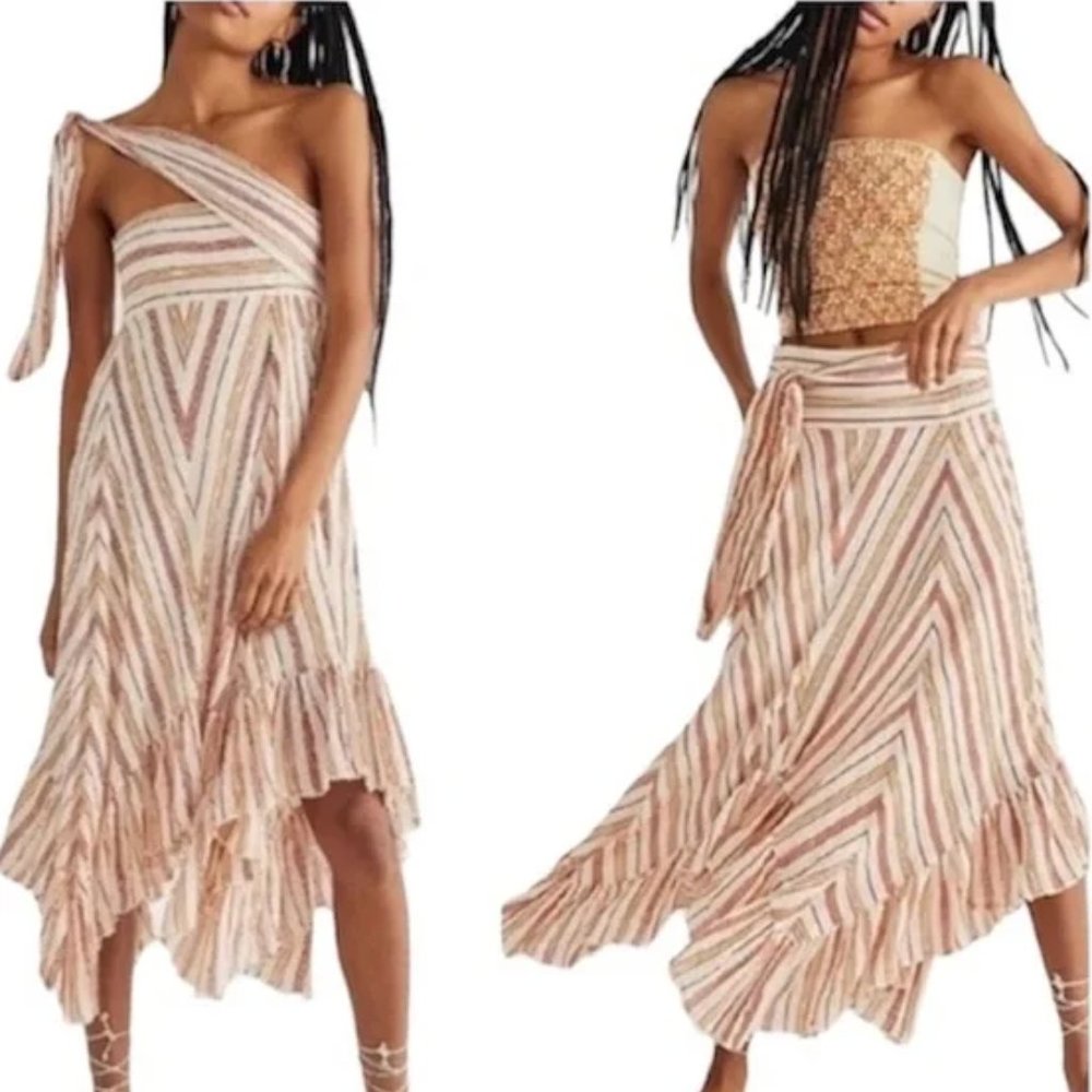 Free People Striped Asymmetrical Maxi Skirt in Blush and Ivory